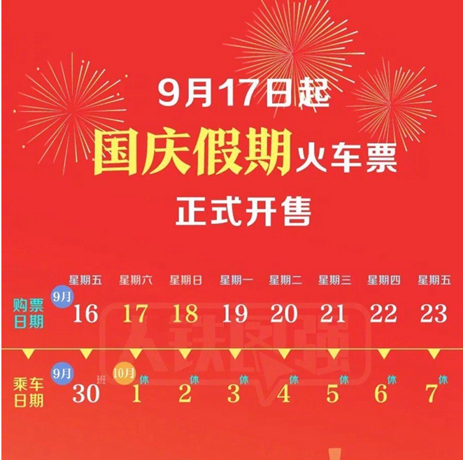 国庆假期火车票今日起正式开售